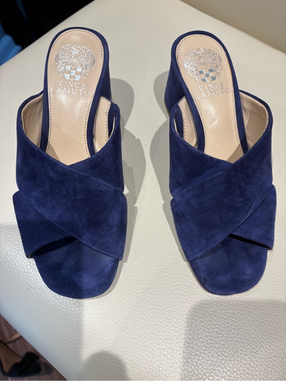 Vince Camuto Deep Blue Suede Crisscross Mule Slides